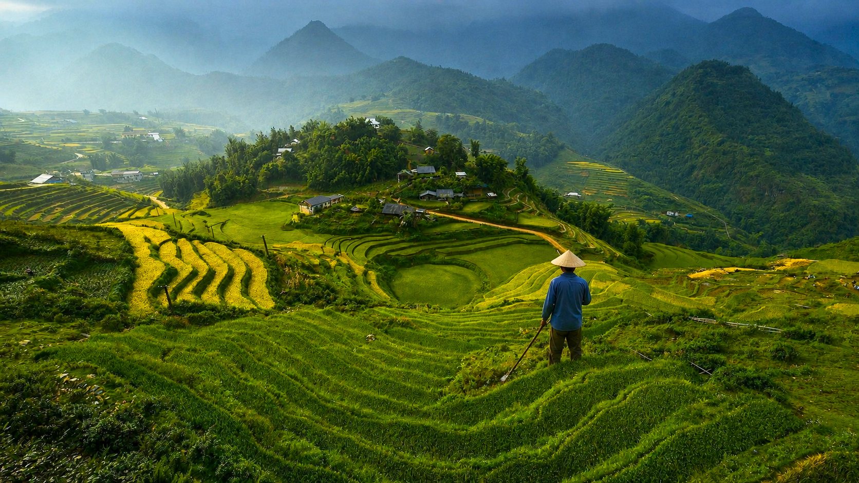 A farmer in a conical hat overlooking the rice terraces of Sapa