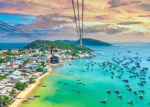 Turquoise water and fishing boats below the Hon Thom cable car, Phu Quoc